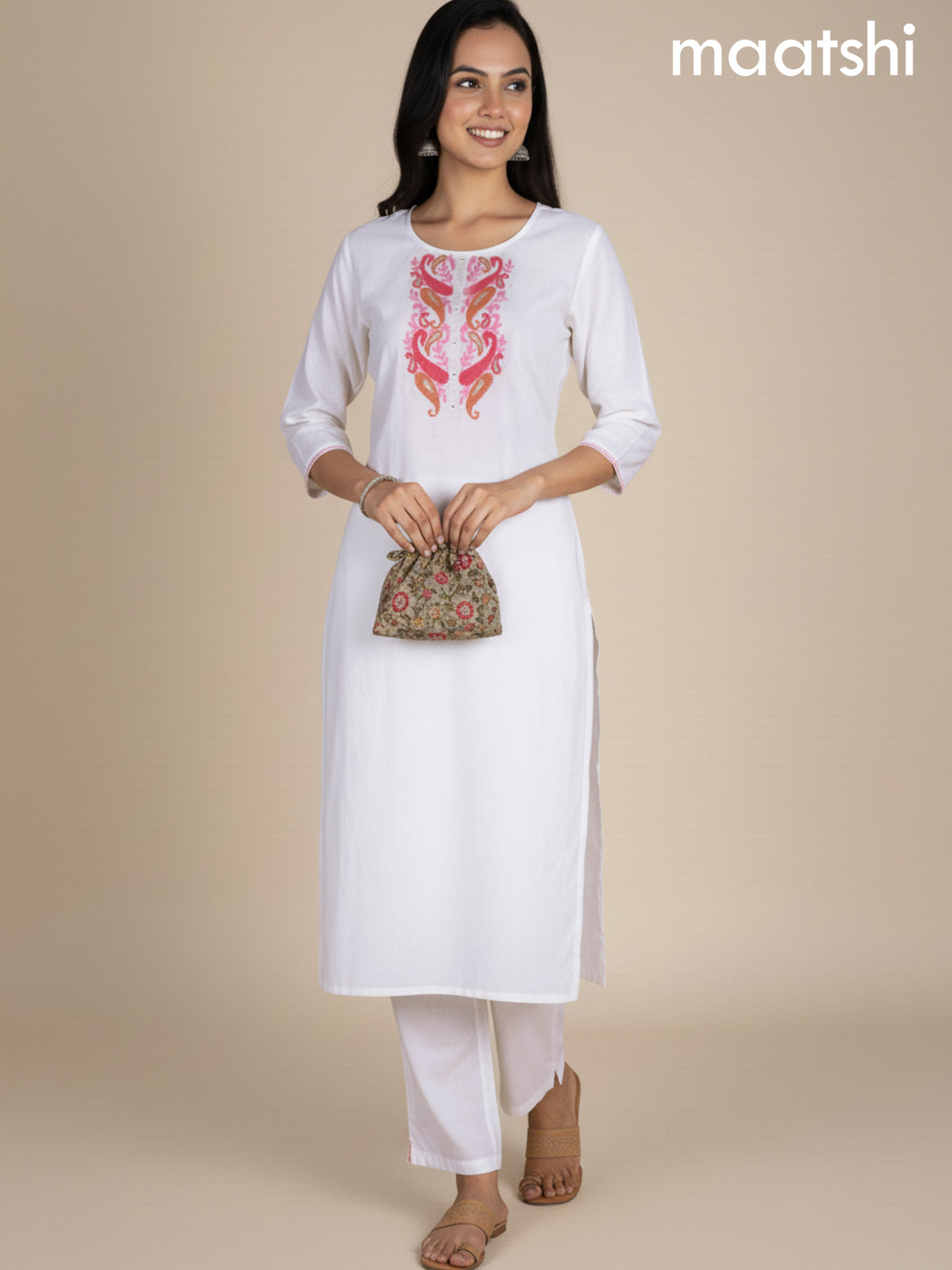 Off White and Orange Pink Chanderi Printed Straight Kurti