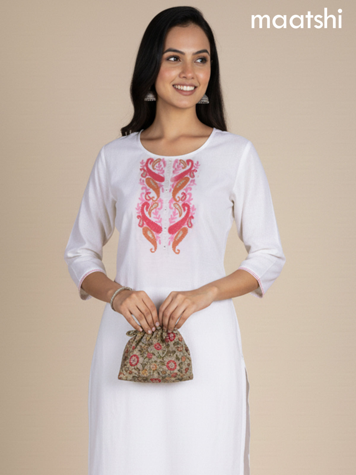 Off White and Orange Pink Chanderi Printed Straight Kurti