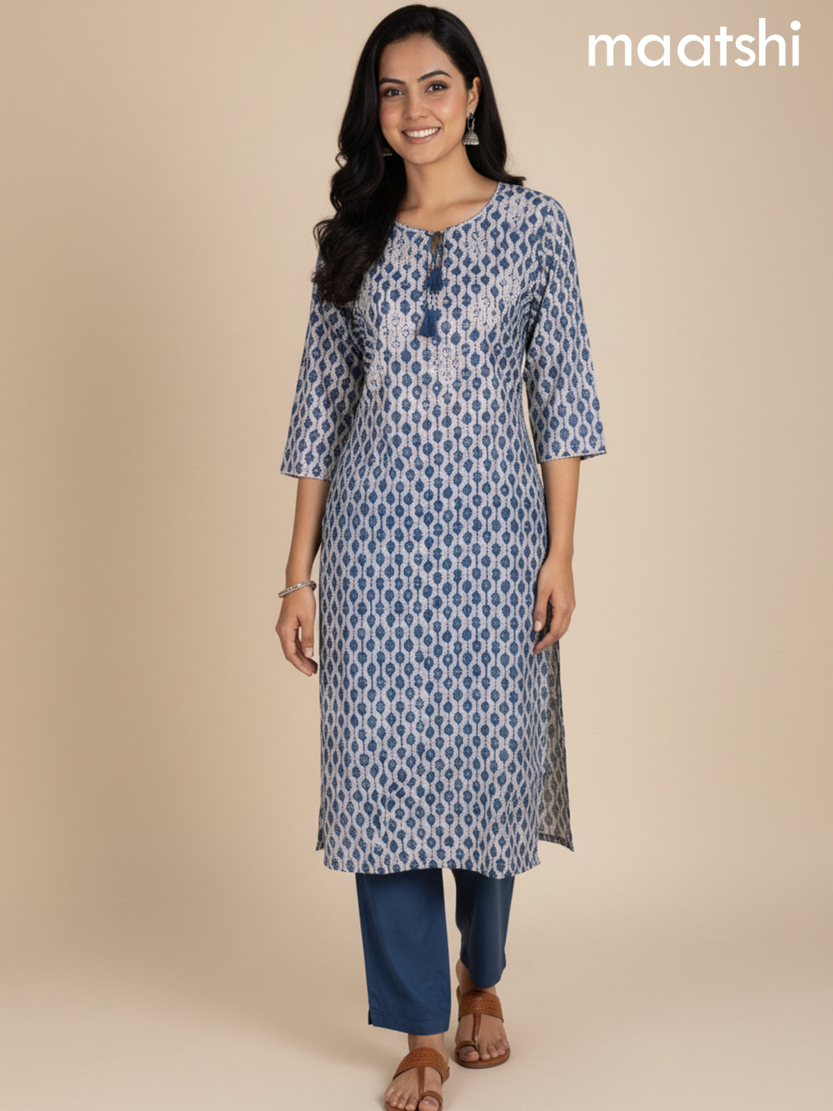 Beige and Peacock Blue Cotton Blend Printed Kurti Set
