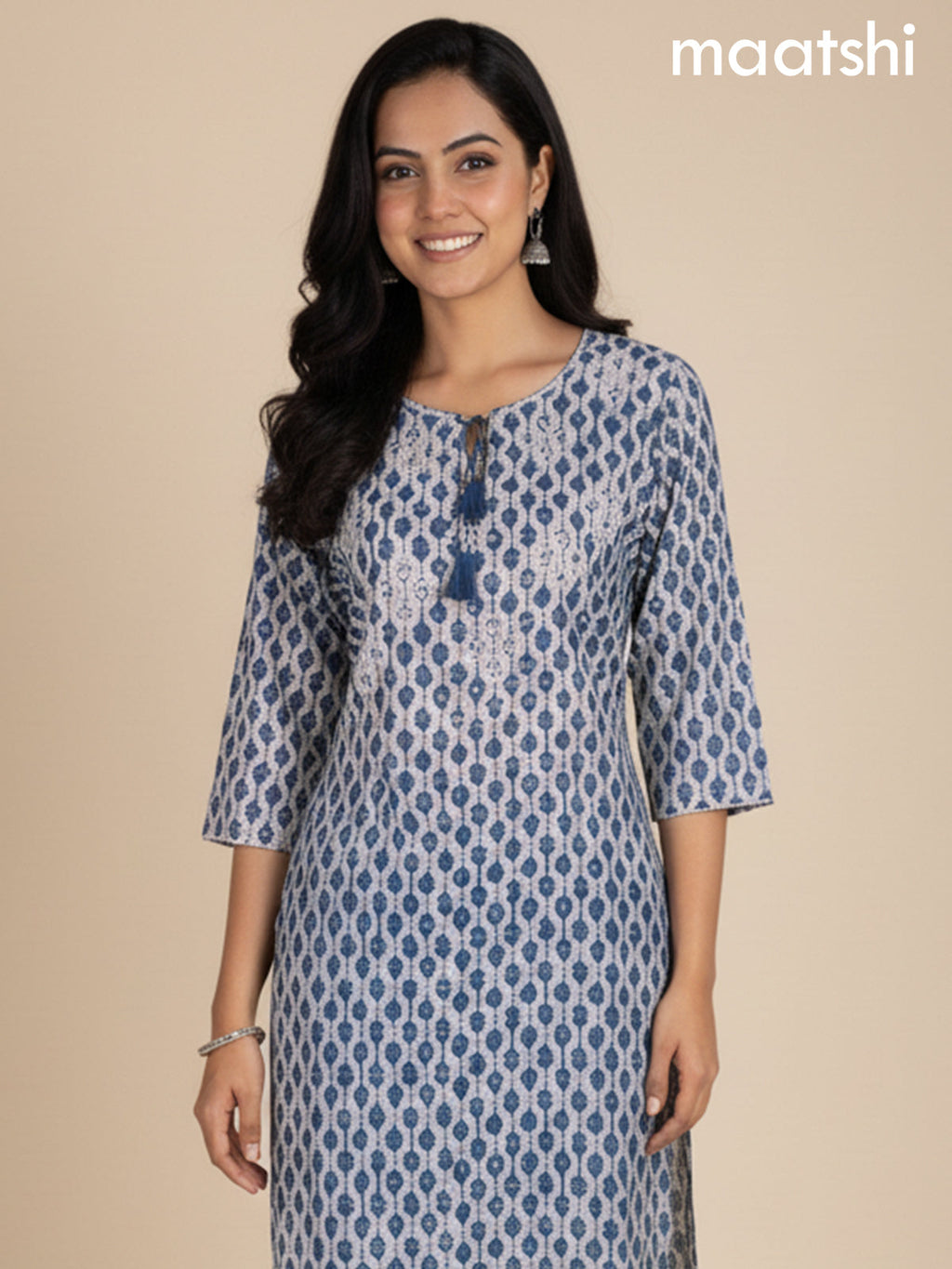Beige and Peacock Blue Cotton Blend Printed Kurti Set