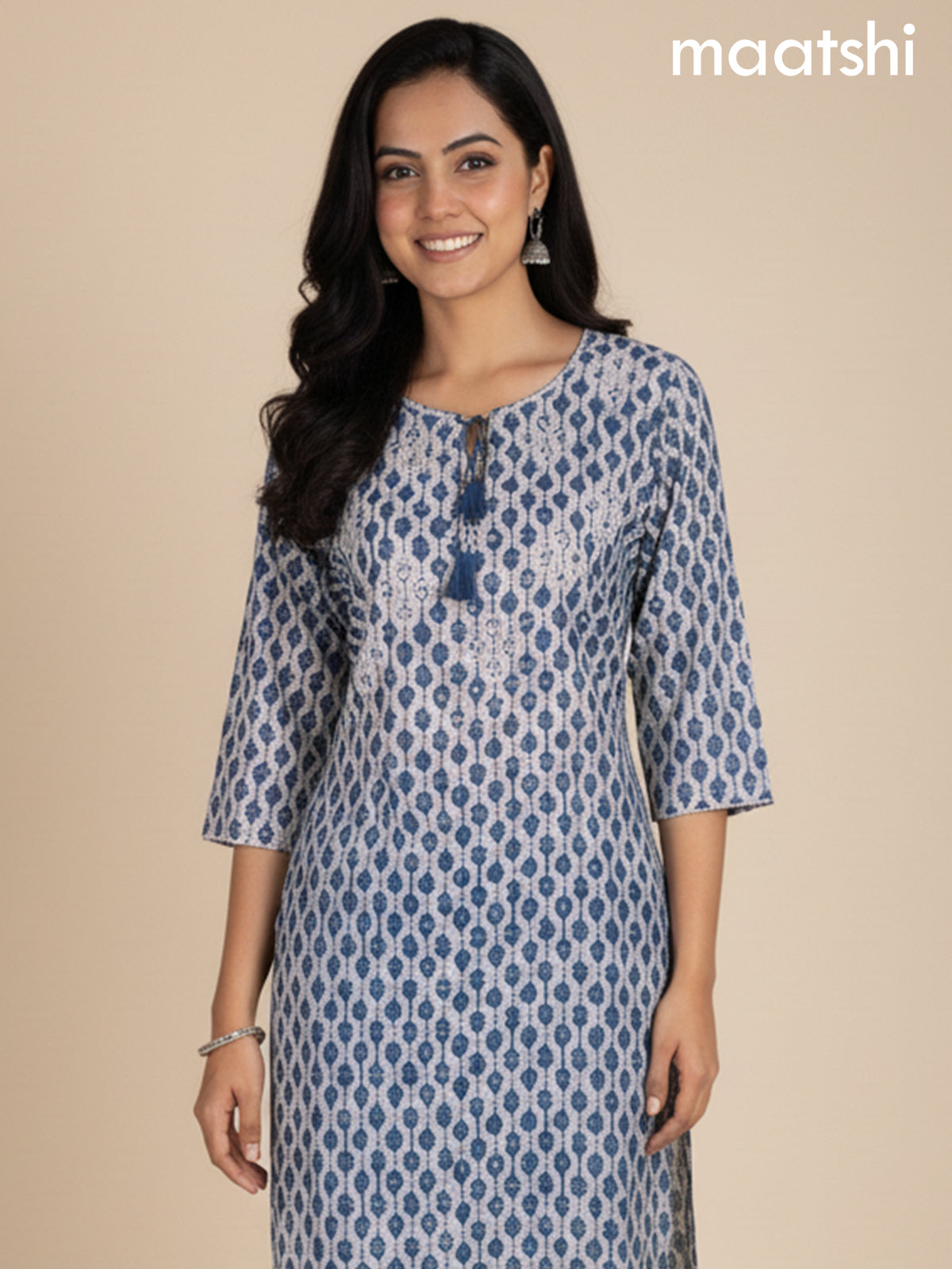 Beige and Peacock Blue Cotton Blend Printed Kurti Set