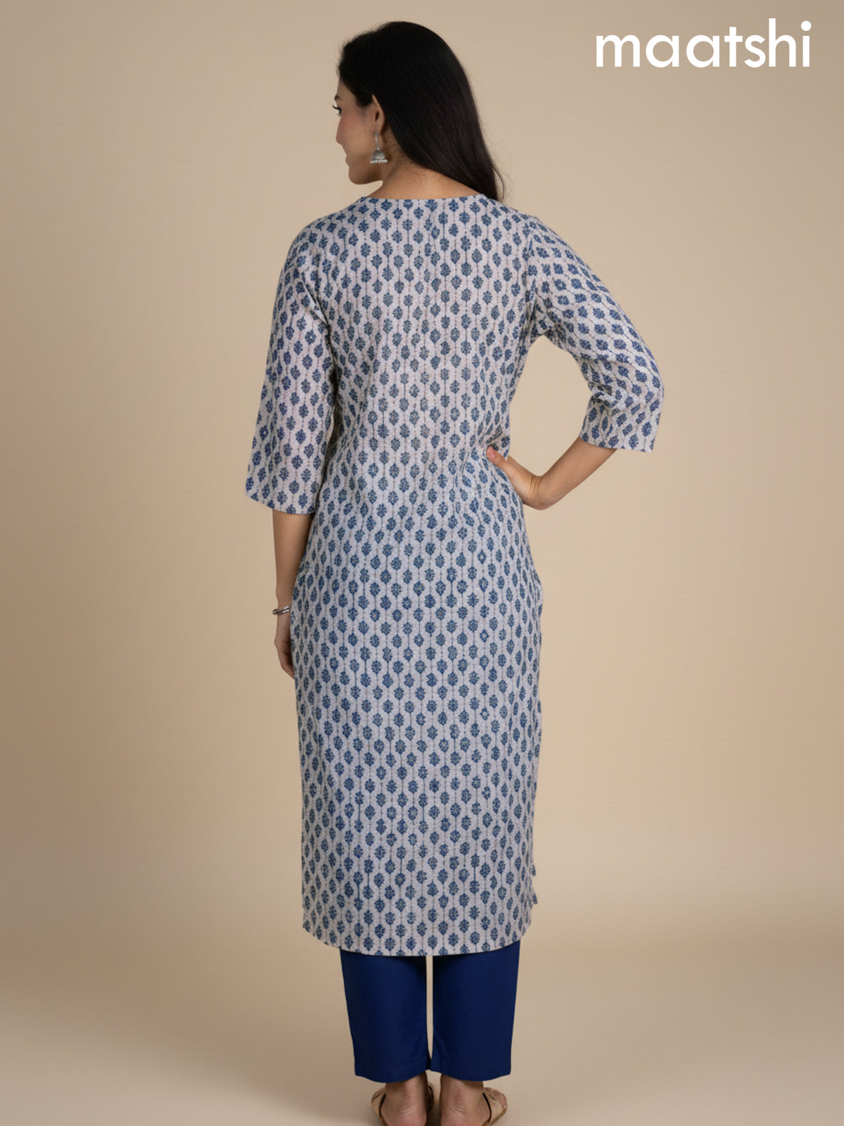 Beige and Peacock Blue Cotton Blend Printed Kurti Set