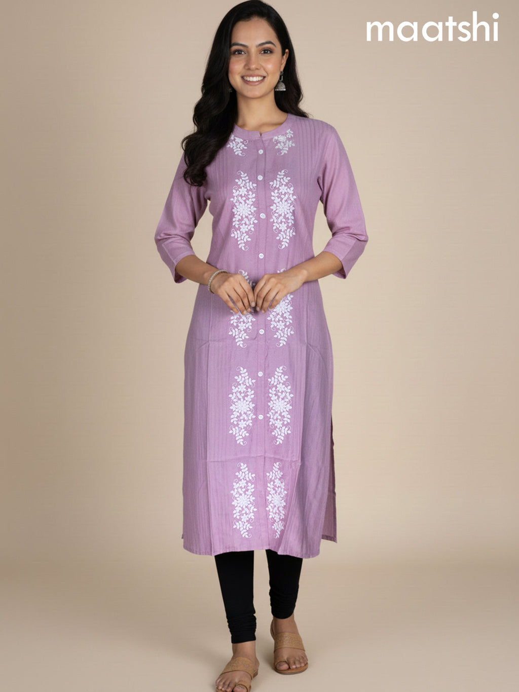 Pastel Pink Viscose Rayon Embroidery Work Straight Kurti
