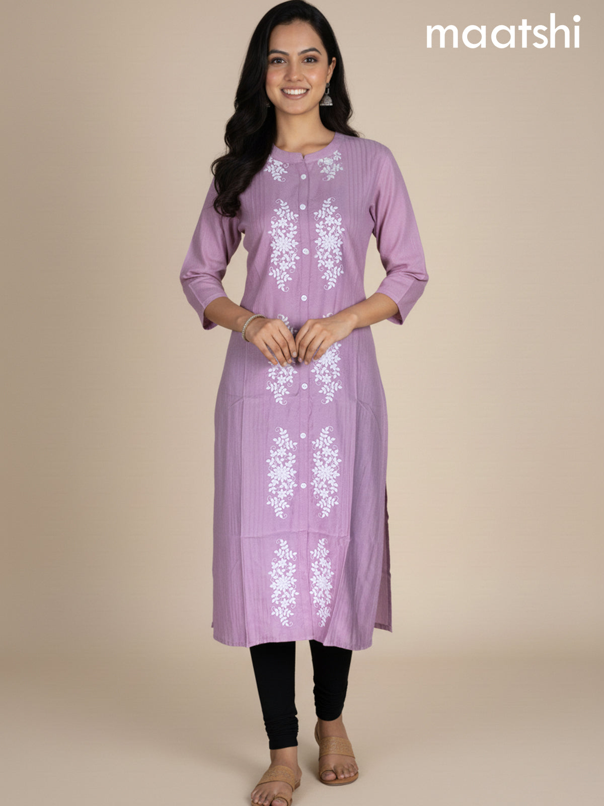 Pastel Pink Viscose Rayon Embroidery Work Straight Kurti