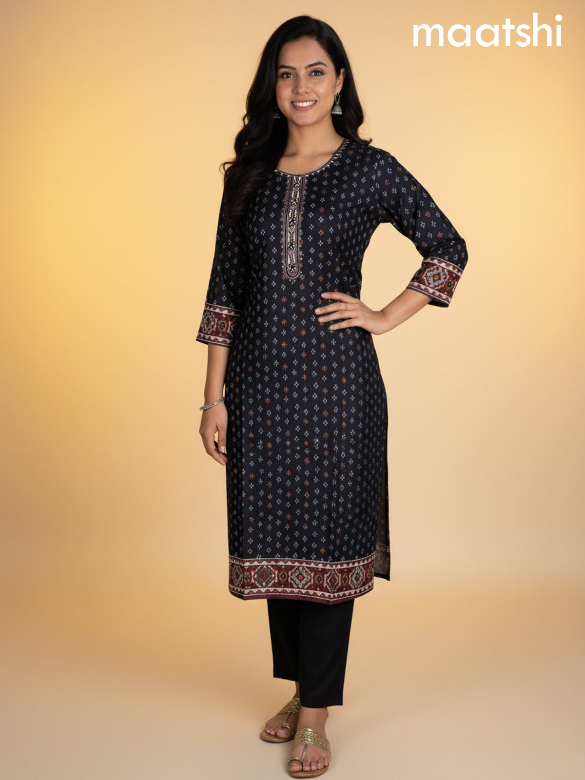 Black Muslin Ikat Weaves Straight Suit