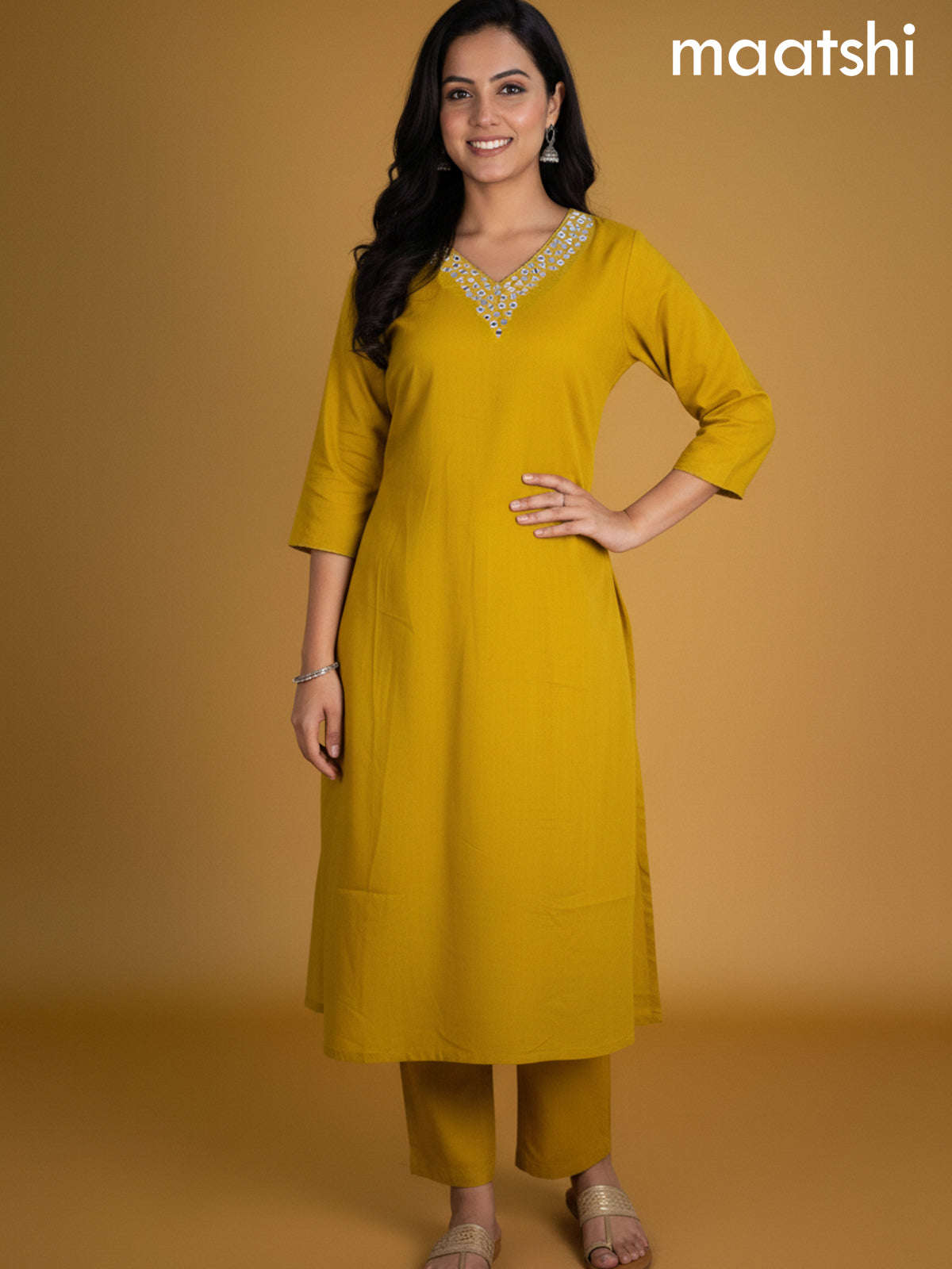 Mustard Yellow Cotton Mirror Work Anarkali Suit