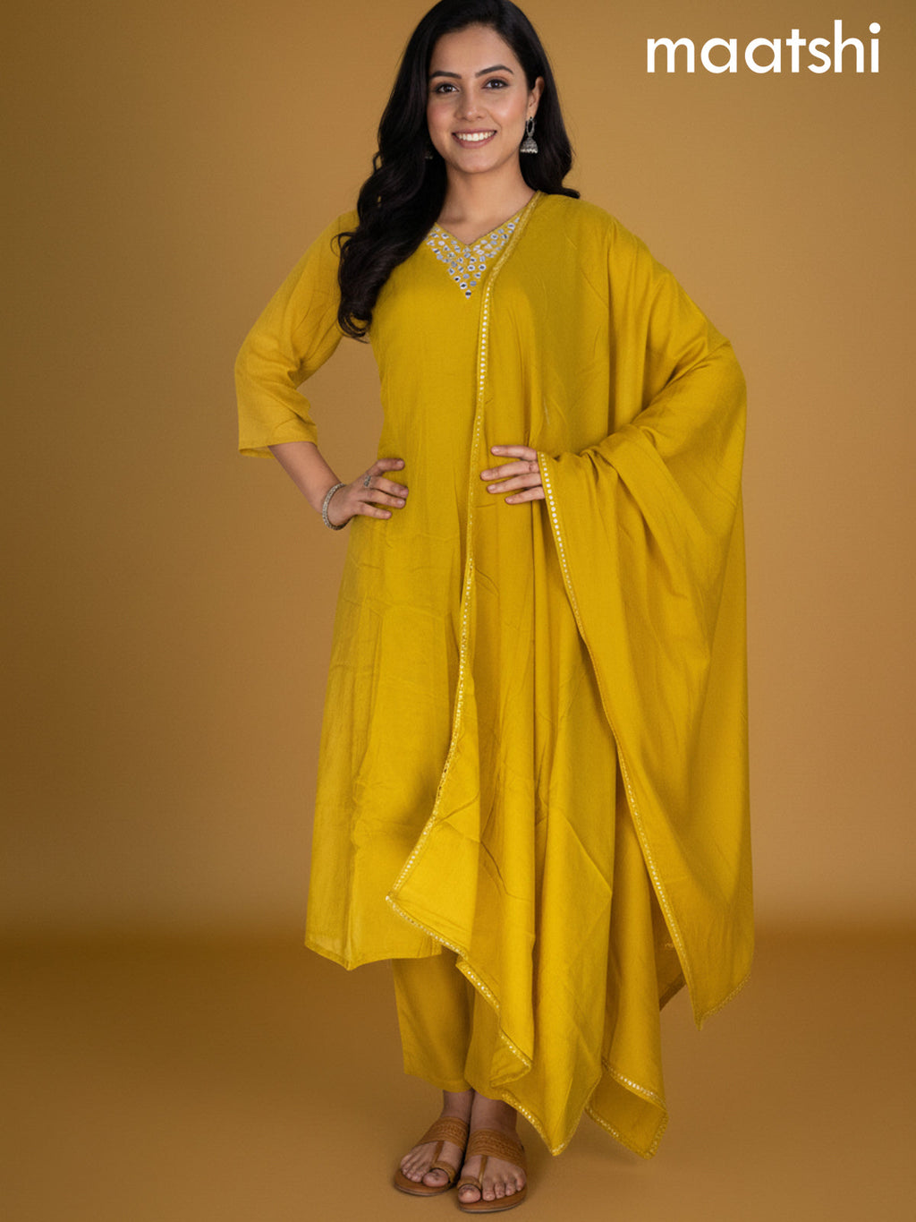 Mustard Yellow Cotton Mirror Work Anarkali Suit