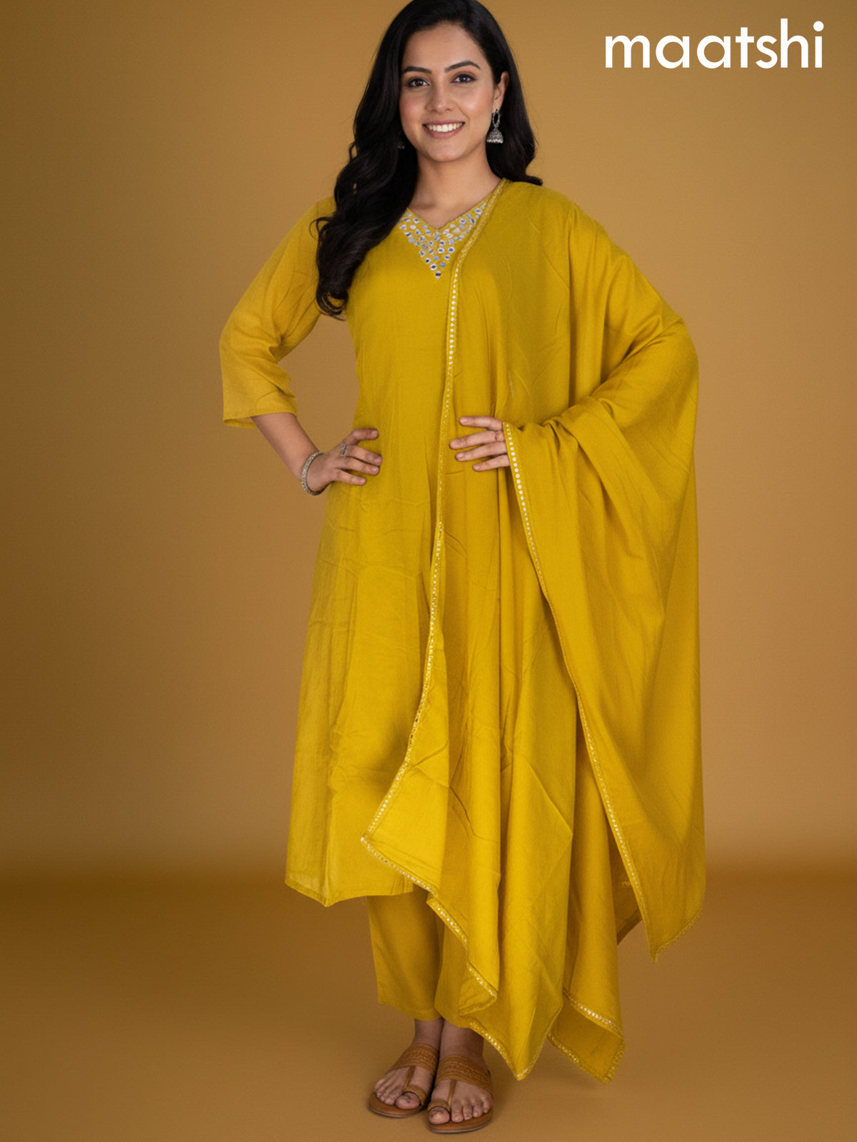 Mustard Yellow Cotton Mirror Work Anarkali Suit
