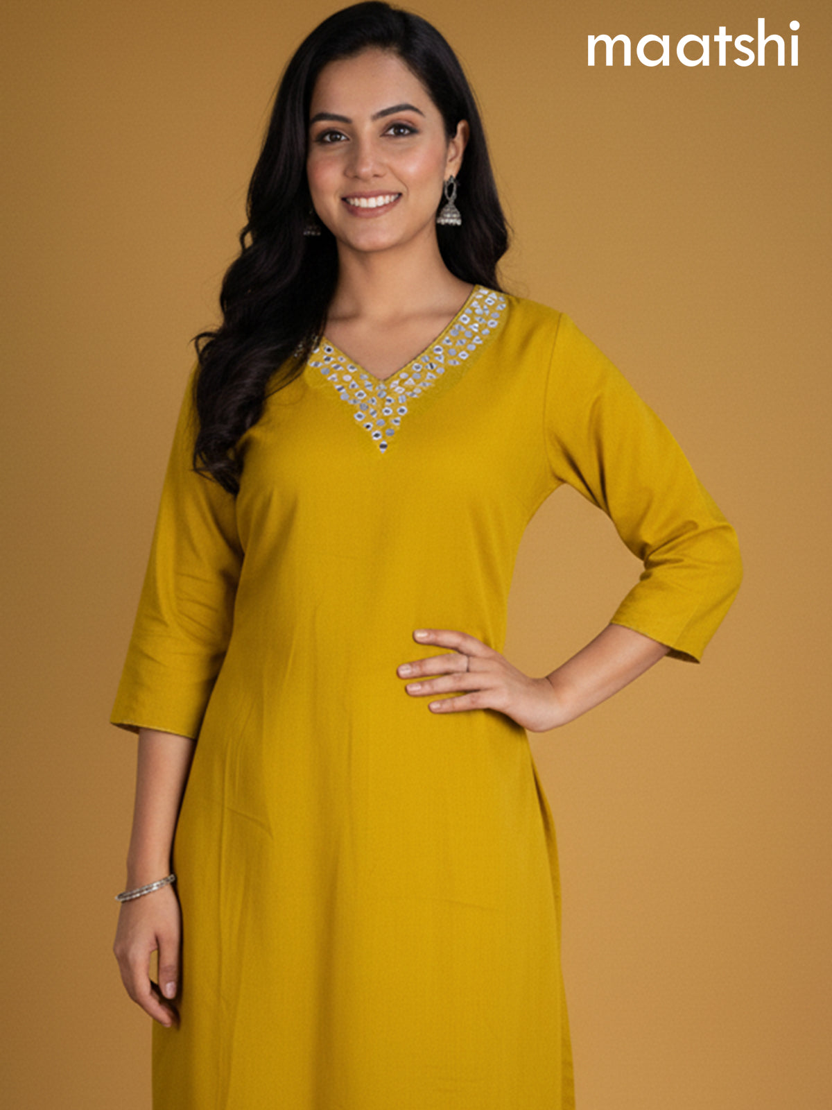 Mustard Yellow Cotton Mirror Work Anarkali Suit