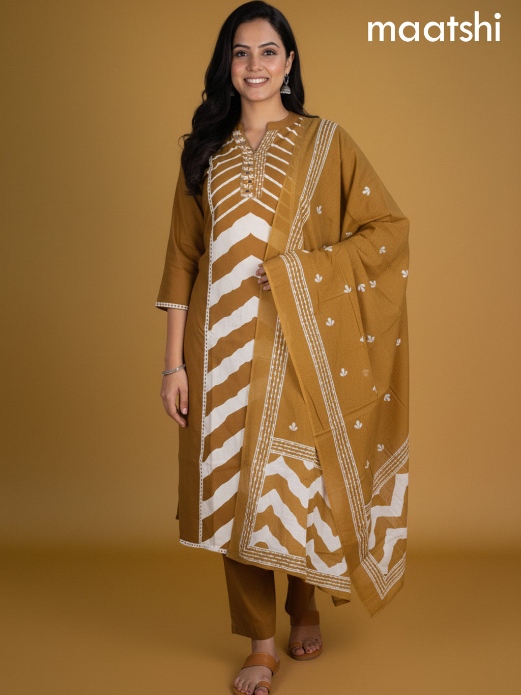 Dark Mustard Cotton Printed Straight Suit