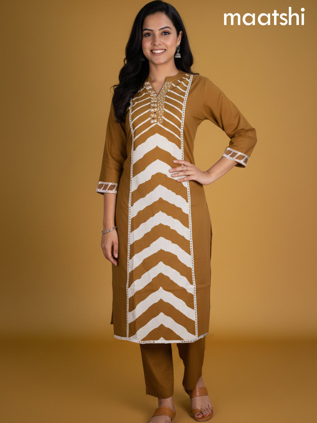 Dark Mustard Cotton Printed Straight Suit