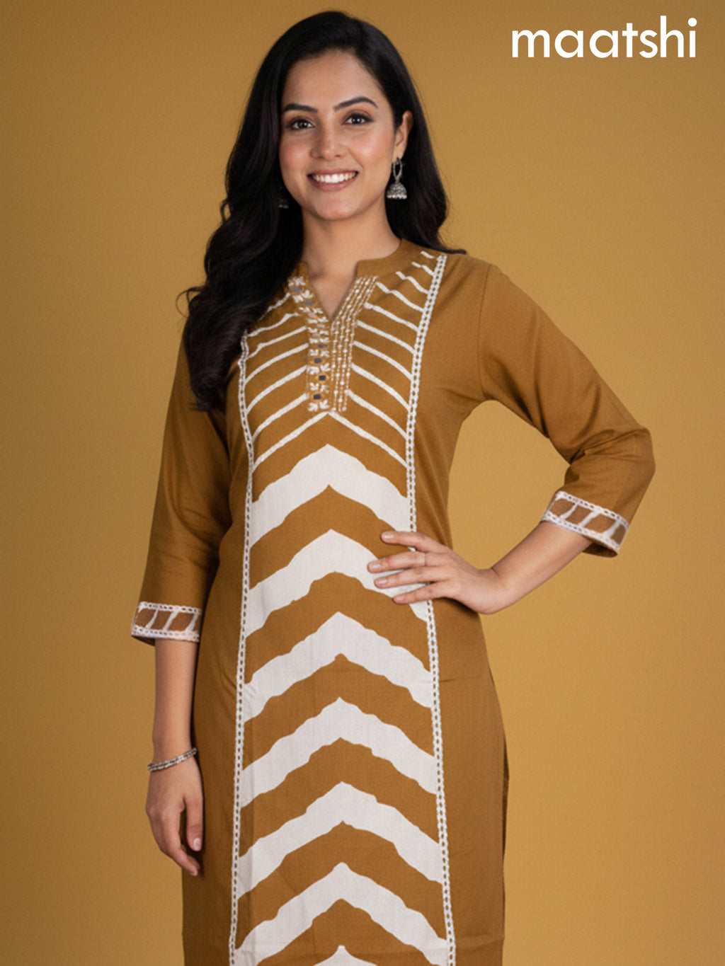 Dark Mustard Cotton Printed Straight Suit