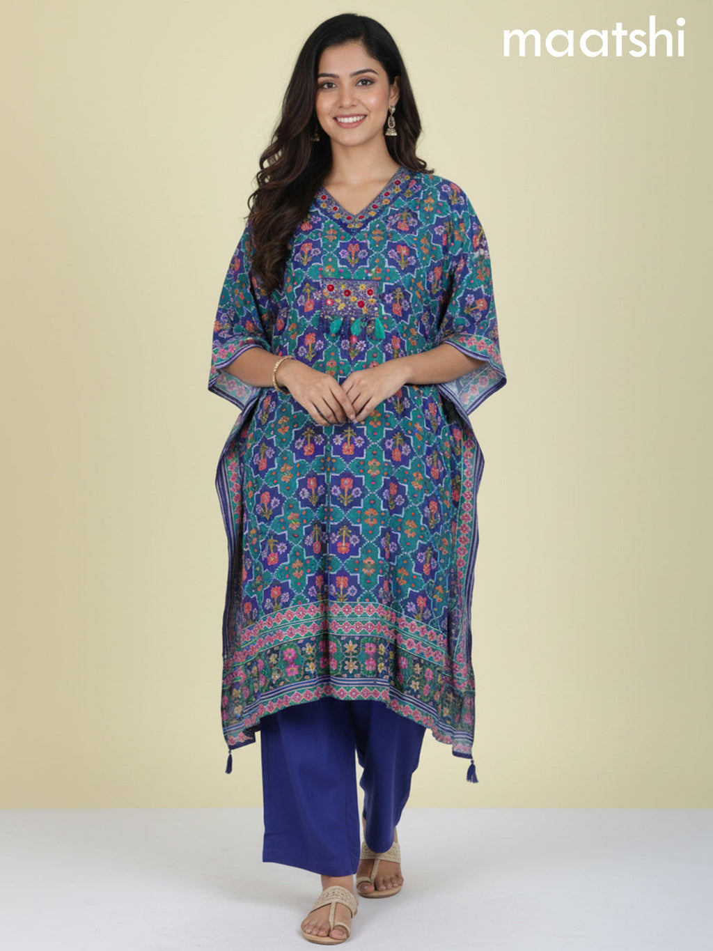 Royal Blue and Teal Green Muslin Ikat Weaves Kaftan Dress