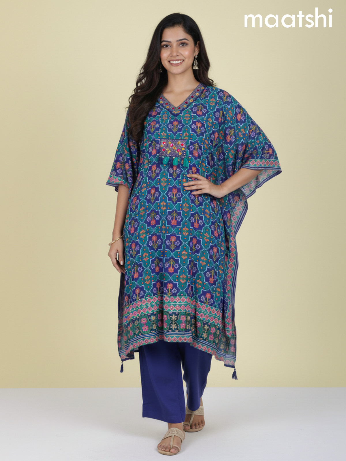 Royal Blue and Teal Green Muslin Ikat Weaves Kaftan Dress