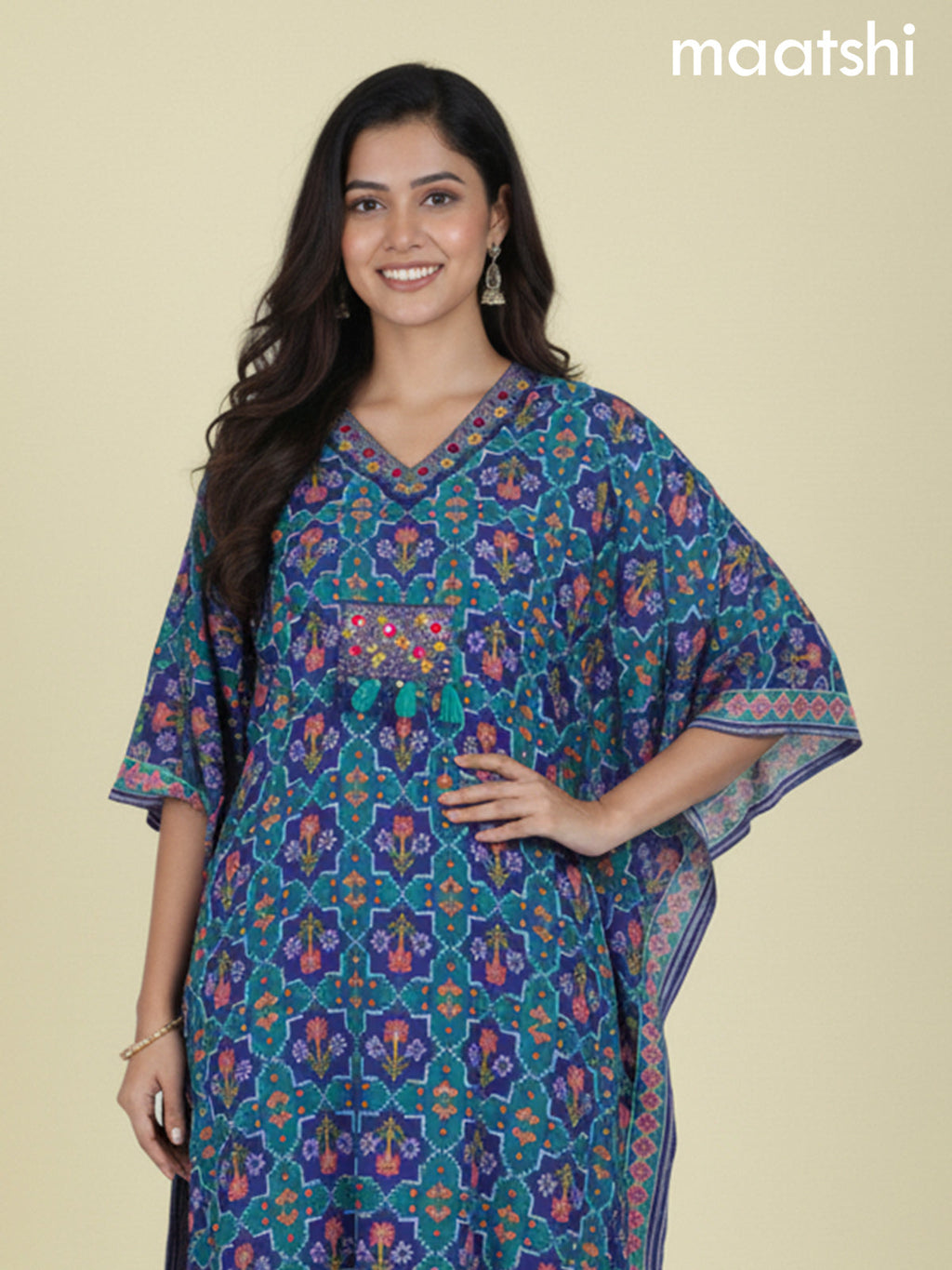 Royal Blue and Teal Green Muslin Ikat Weaves Kaftan Dress