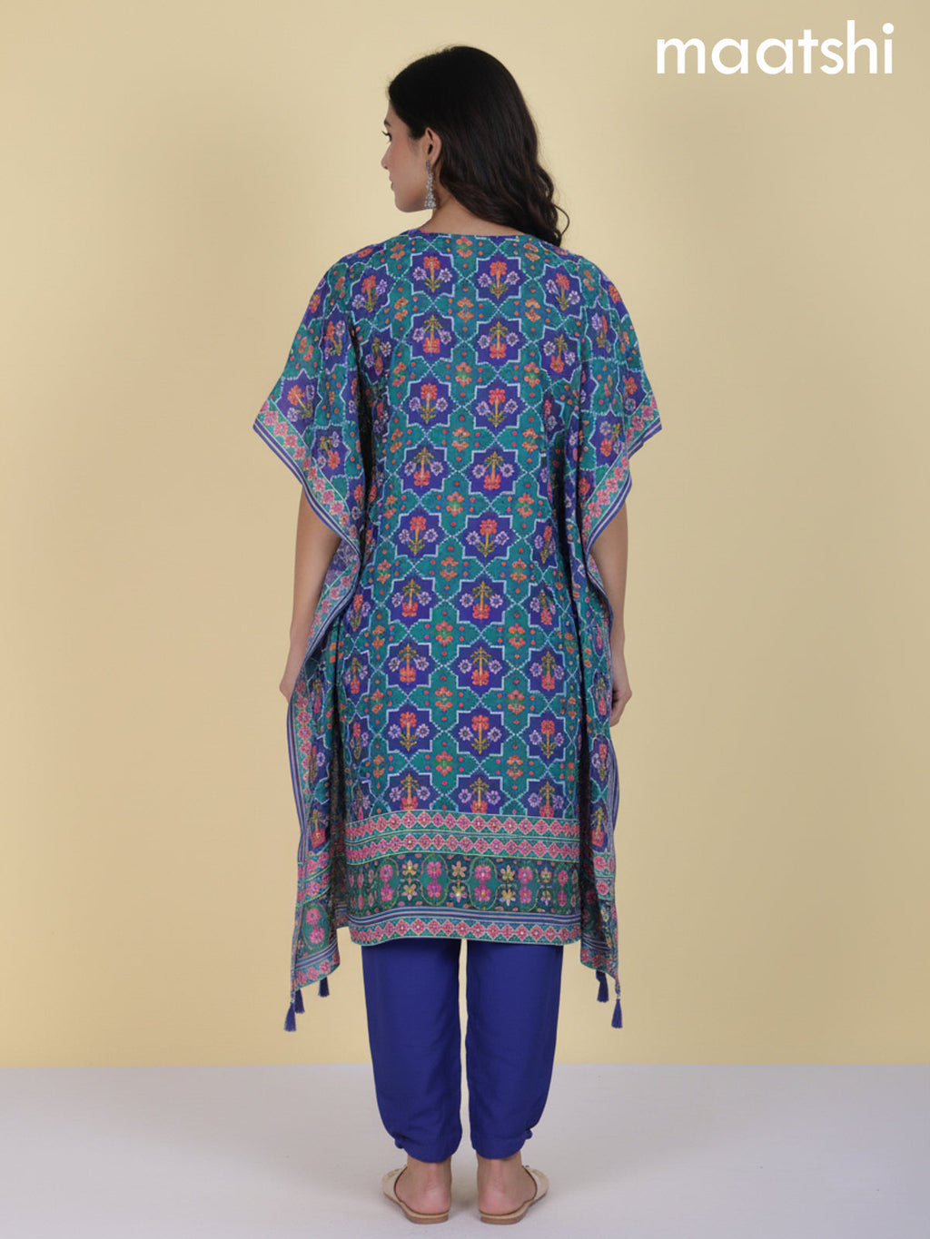 Royal Blue and Teal Green Muslin Ikat Weaves Kaftan Dress