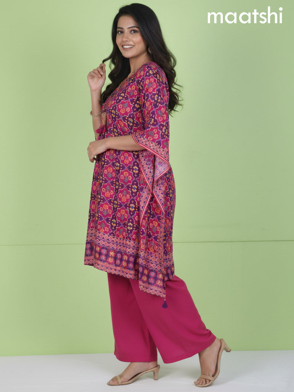 Pink and Purple Muslin Ikat Weaves Kaftan Dress