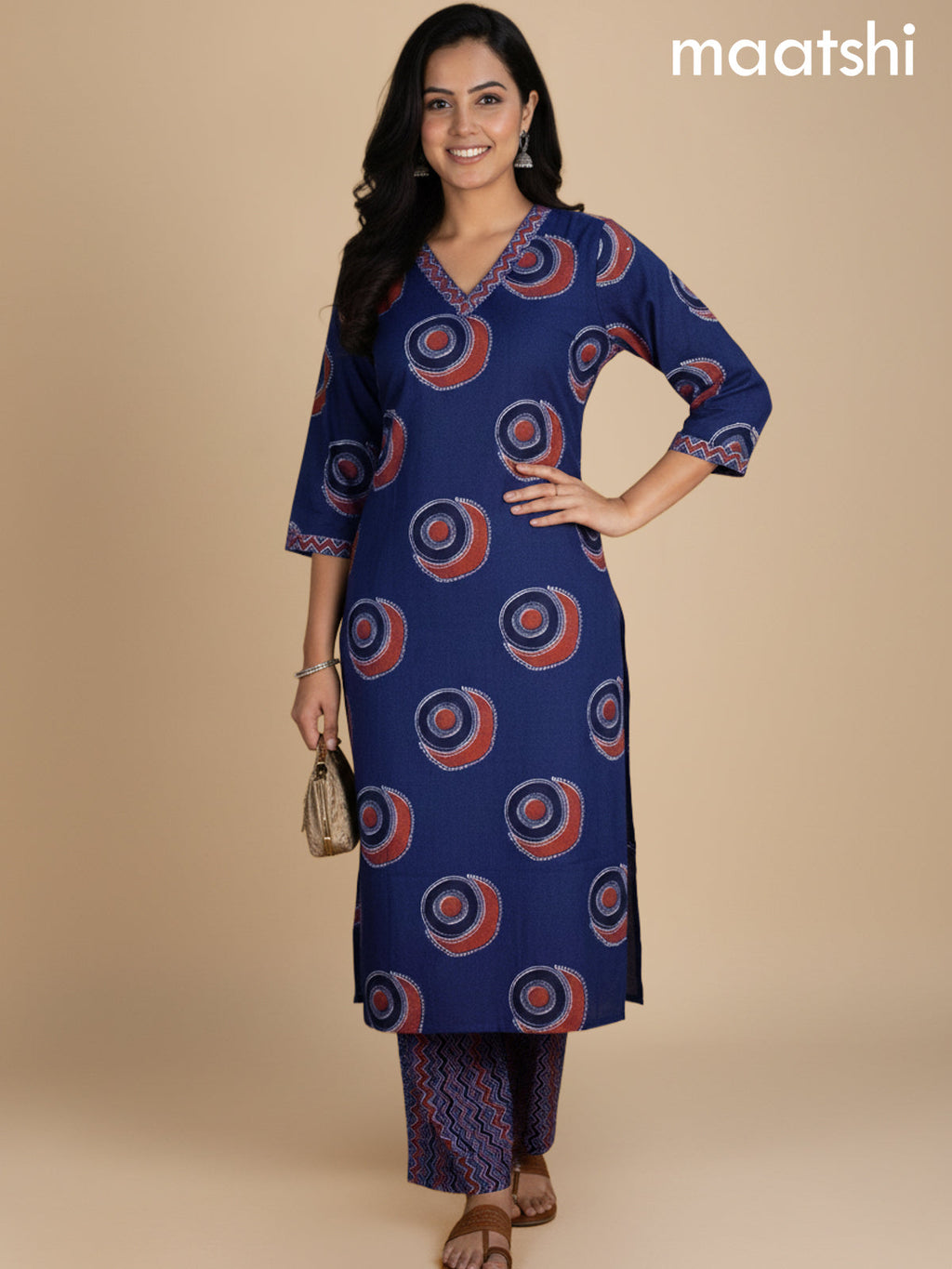 Blue and Maroon Cotton Printed Straight Suit