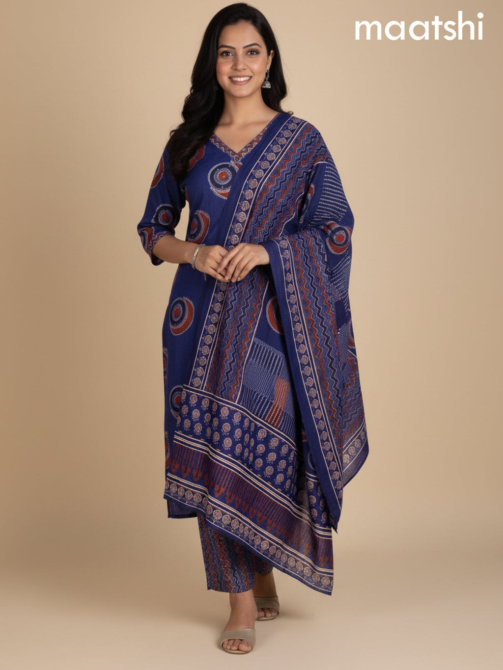 Blue and Maroon Cotton Printed Straight Suit