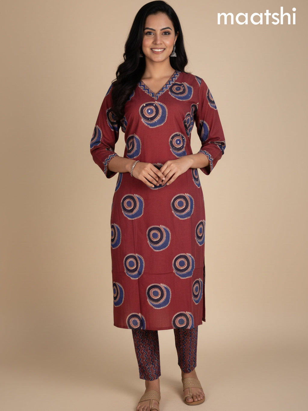 Maroon and Blue Cotton Printed Straight Suit