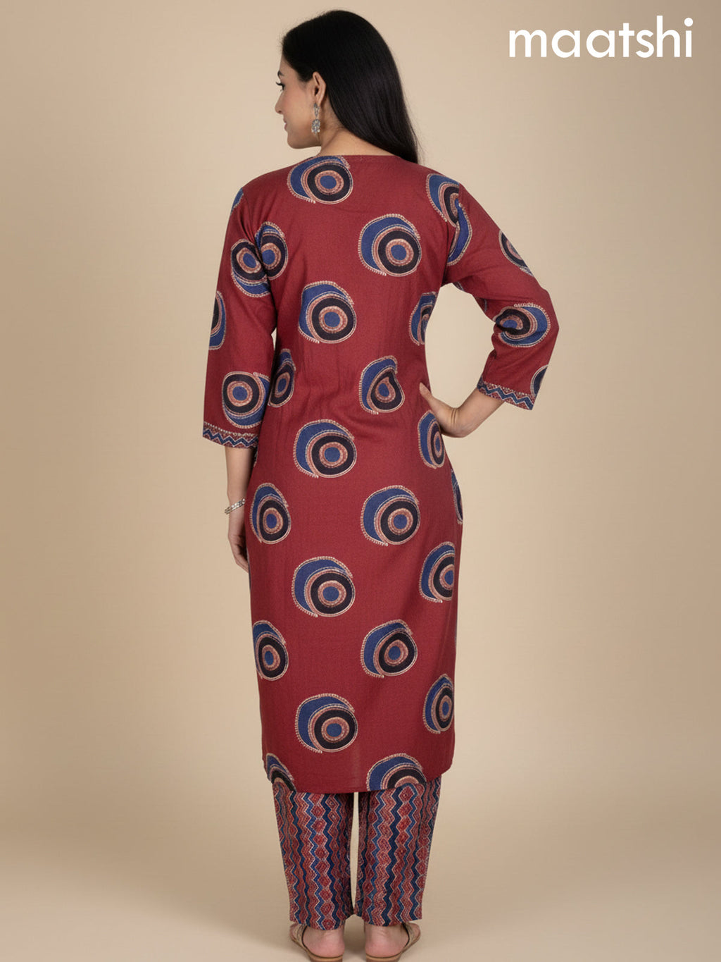 Maroon and Blue Cotton Printed Straight Suit
