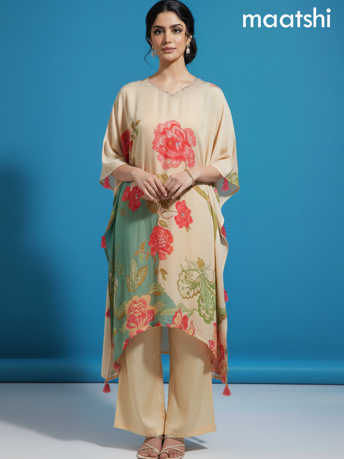Cream Crepe Silk Printed Kaftan Dress
