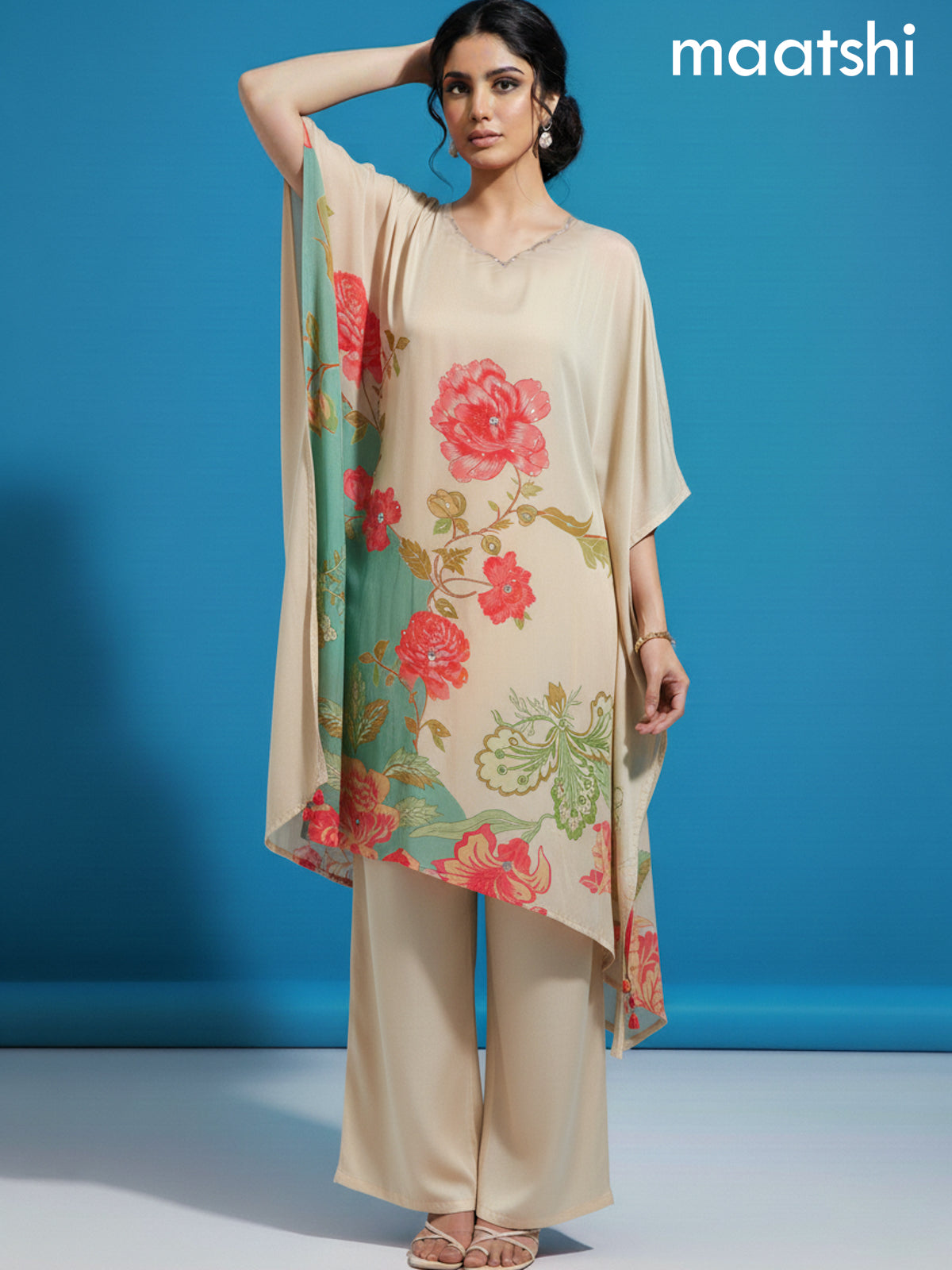 Cream Crepe Silk Printed Kaftan Dress