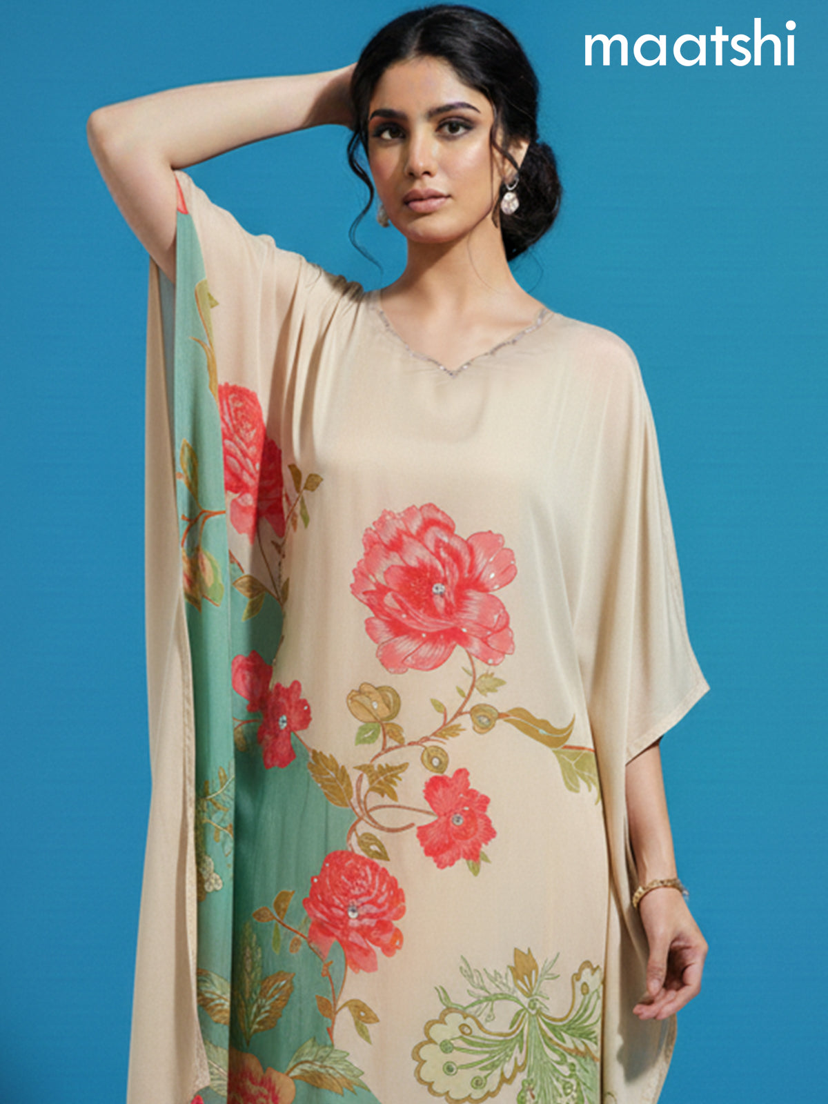 Cream Crepe Silk Printed Kaftan Dress