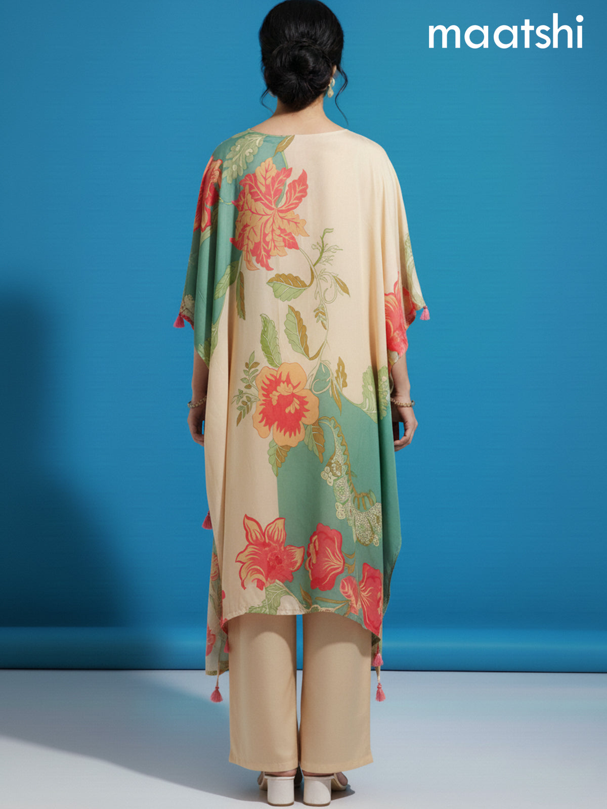 Cream Crepe Silk Printed Kaftan Dress