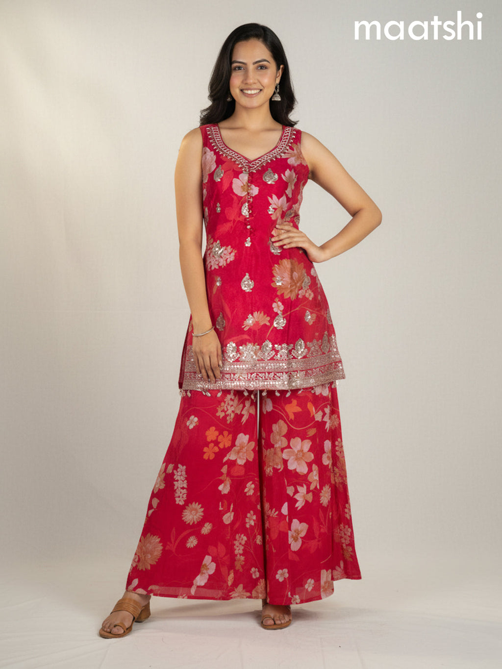 Pink Chinon Floral Printed Embroidery Work Straight Suit