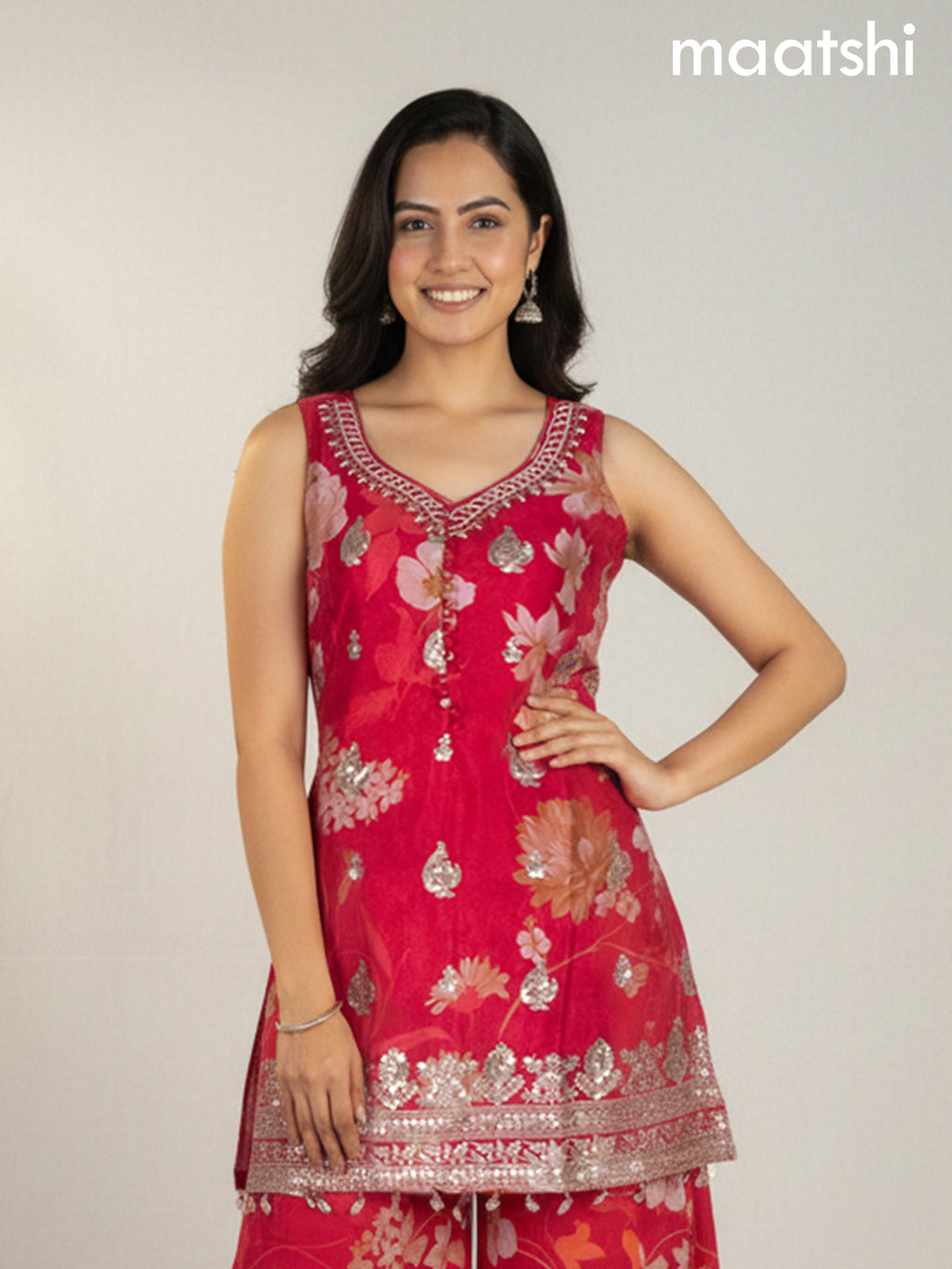 Pink Chinon Floral Printed Embroidery Work Straight Suit