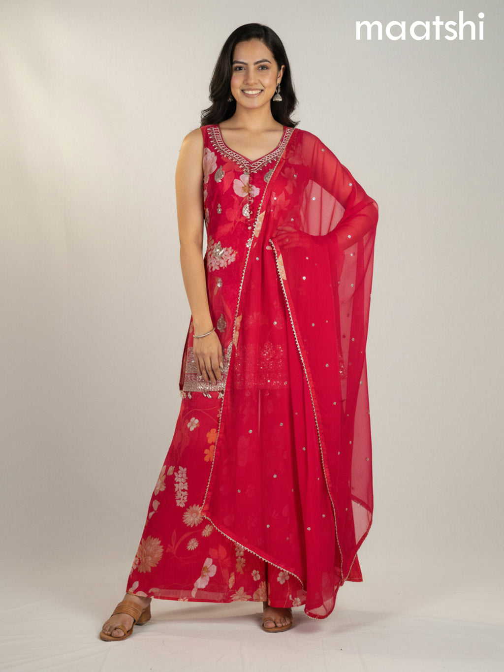 Pink Chinon Floral Printed Embroidery Work Straight Suit