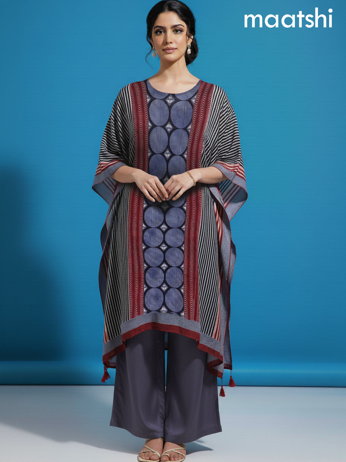 Maroon and Blue Muslin Ajrakh Printed Kaftan Dress