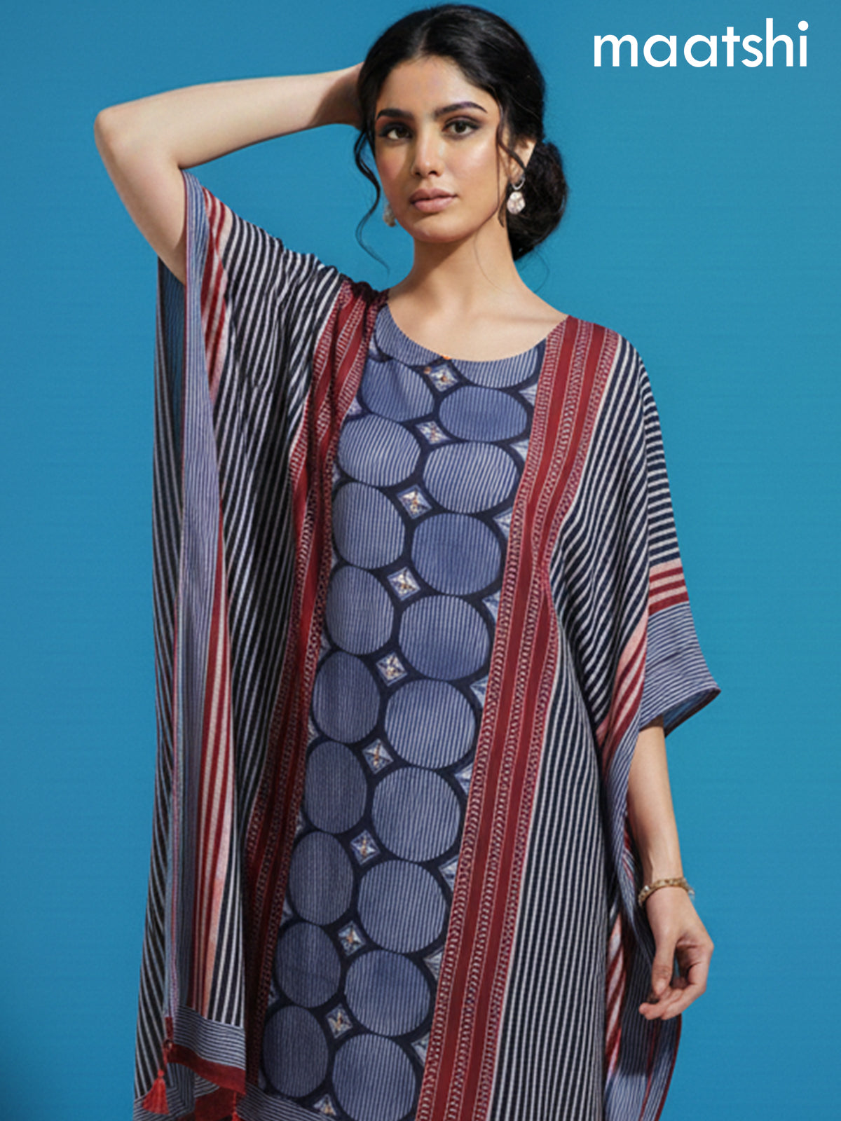 Maroon and Blue Muslin Ajrakh Printed Kaftan Dress