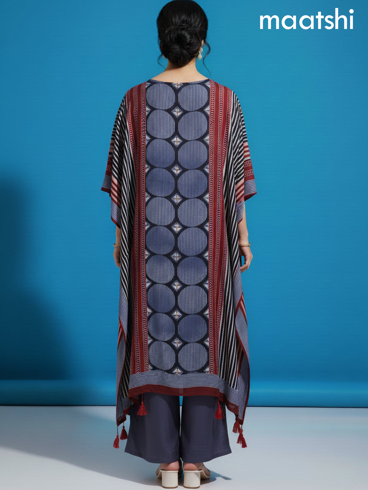 Maroon and Blue Muslin Ajrakh Printed Kaftan Dress