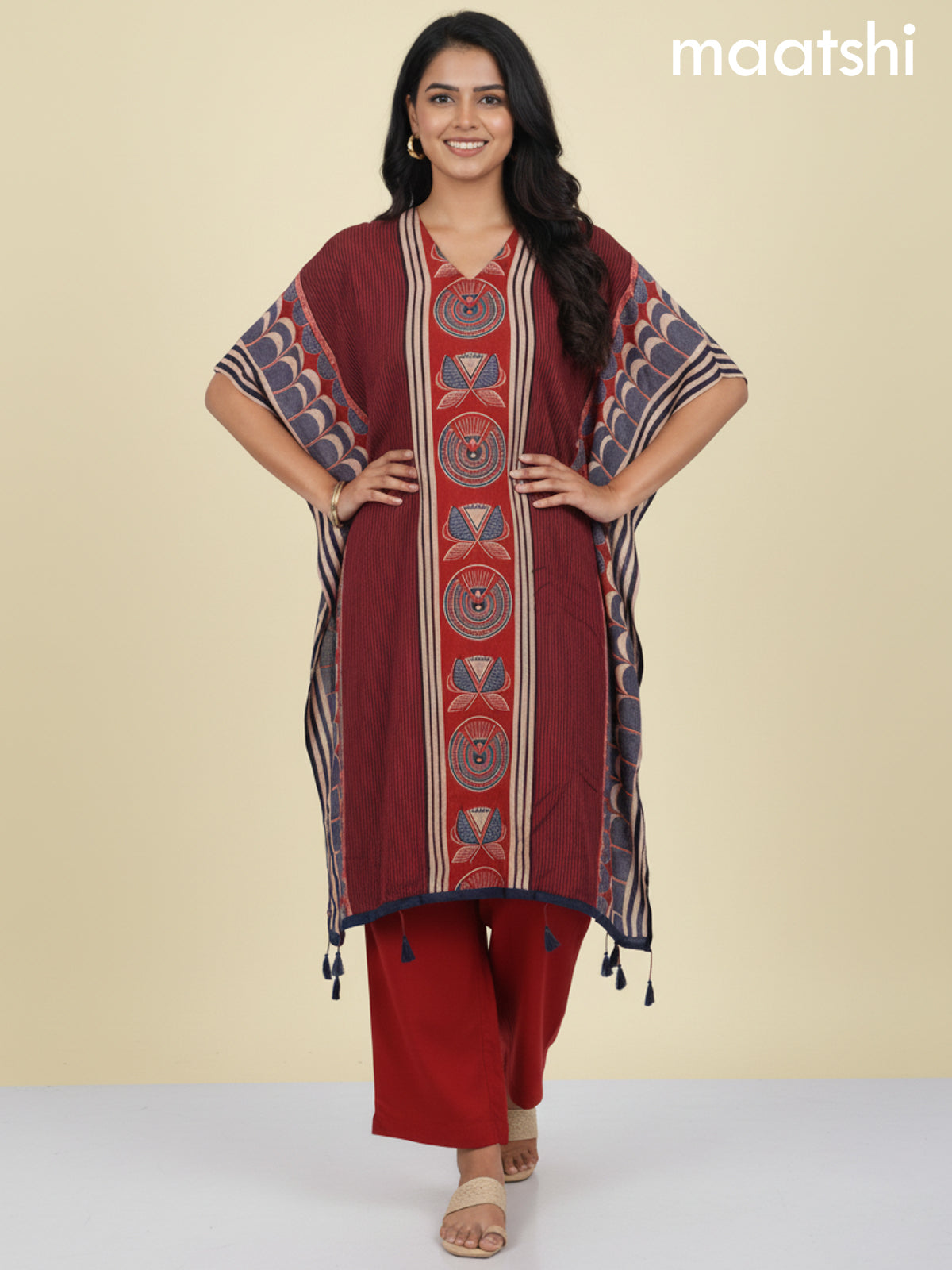 Maroon and Kumkum Red Muslin Ajrakh Printed Kaftan Dress