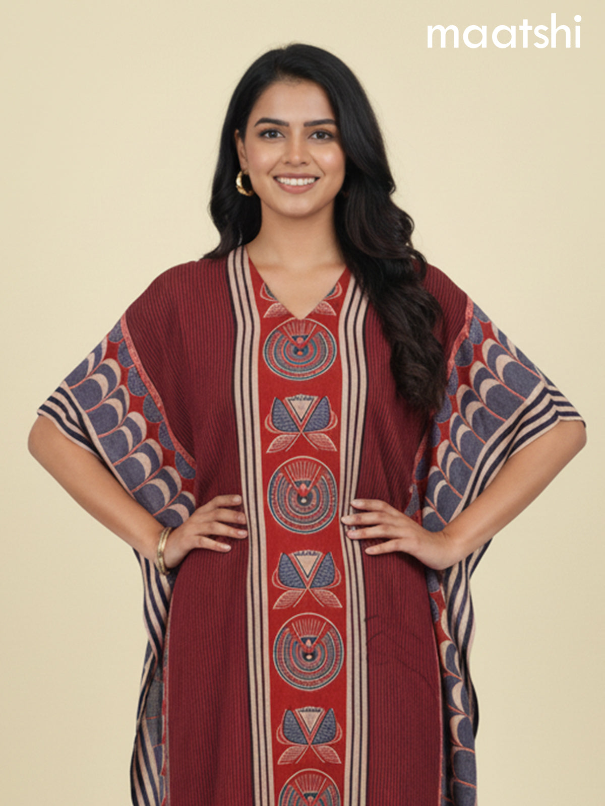 Maroon and Kumkum Red Muslin Ajrakh Printed Kaftan Dress