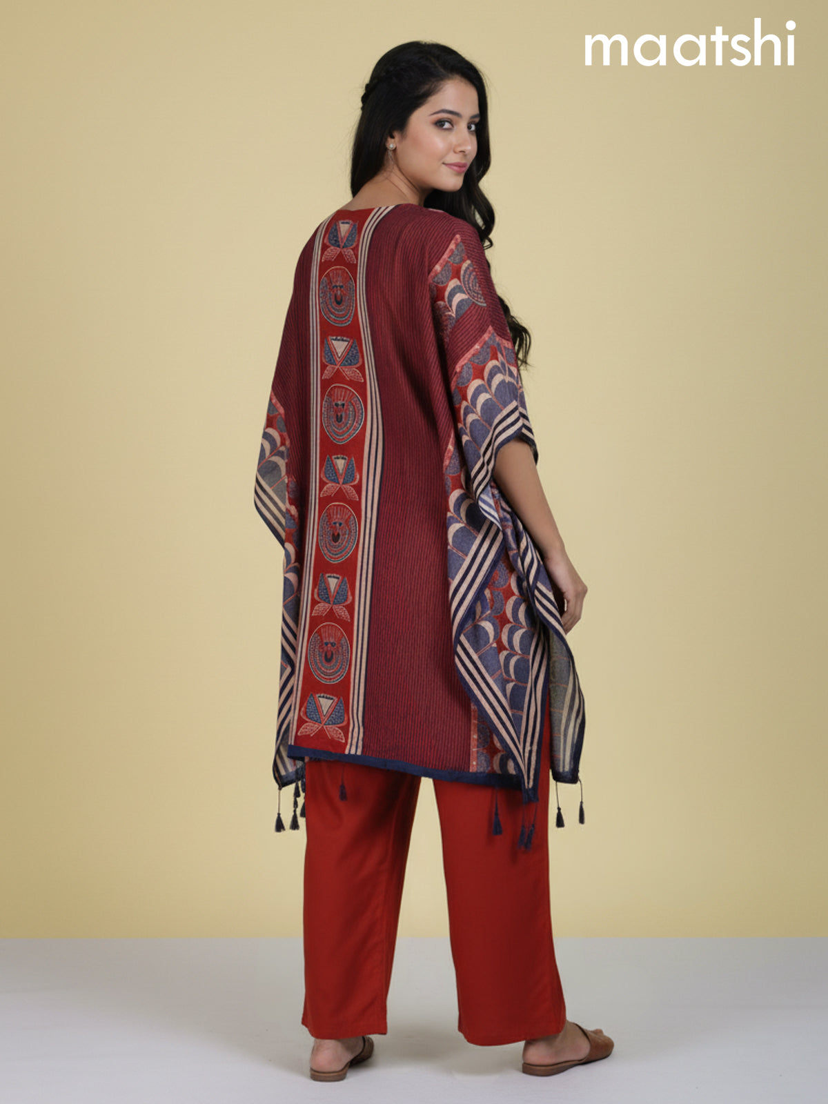 Maroon and Kumkum Red Muslin Ajrakh Printed Kaftan Dress