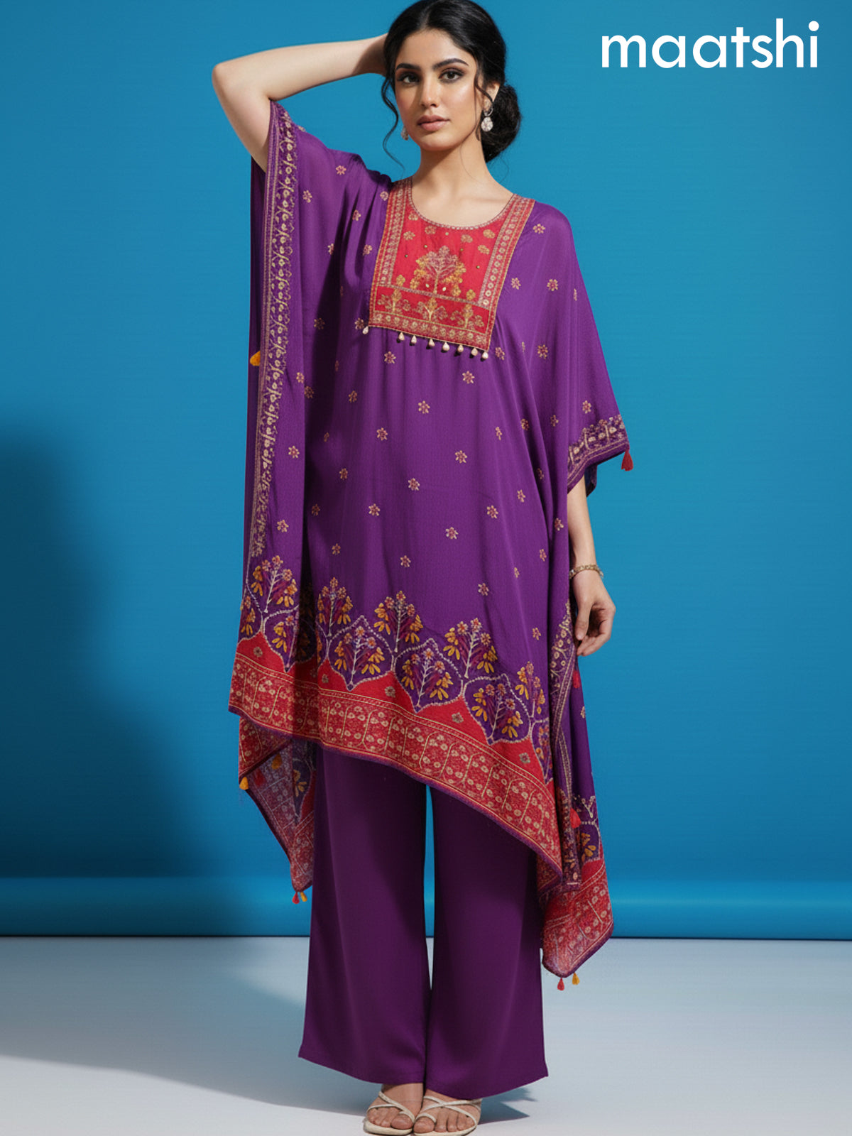 Purple and Pink Muslin Ikat Printed Kaftan Dress