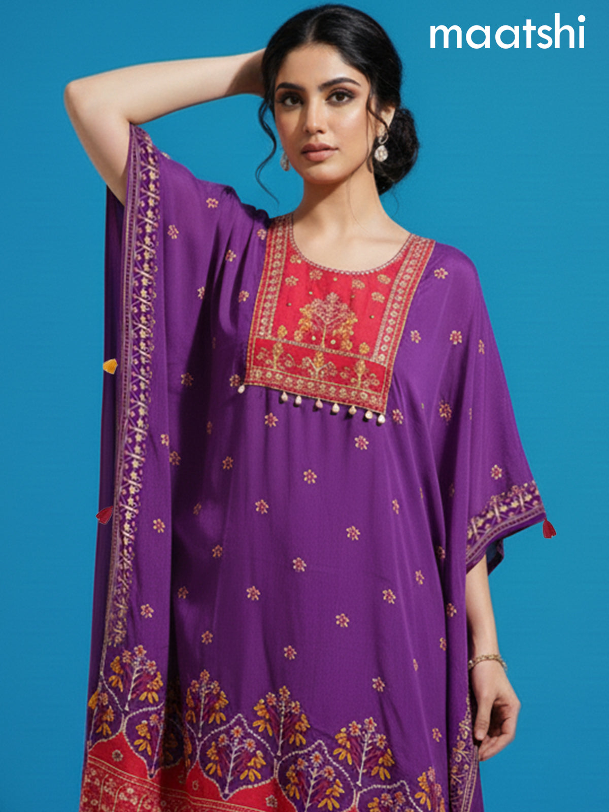 Purple and Pink Muslin Ikat Printed Kaftan Dress
