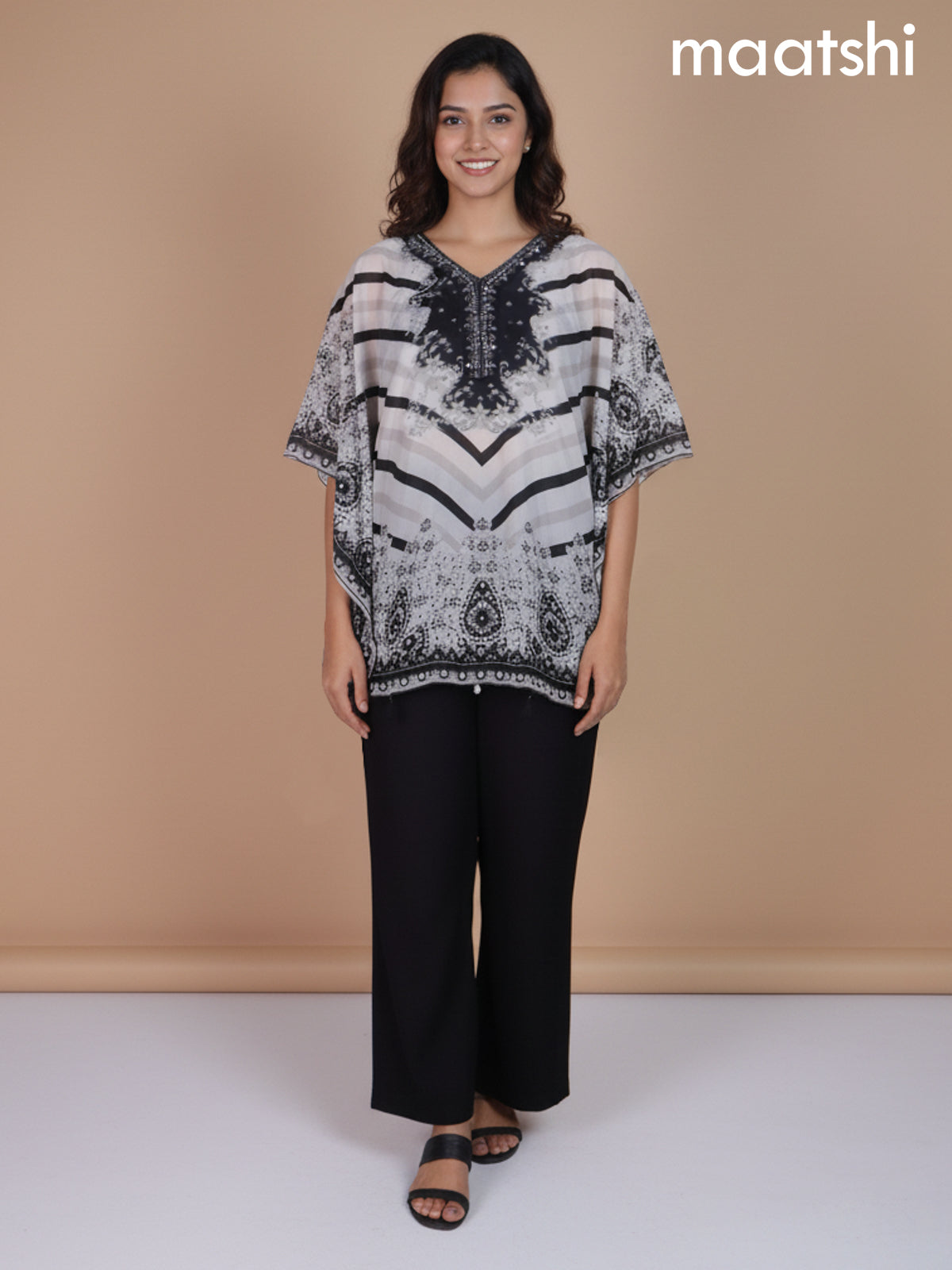 Off White and Black Crepe Silk Printed Kaftan Dress