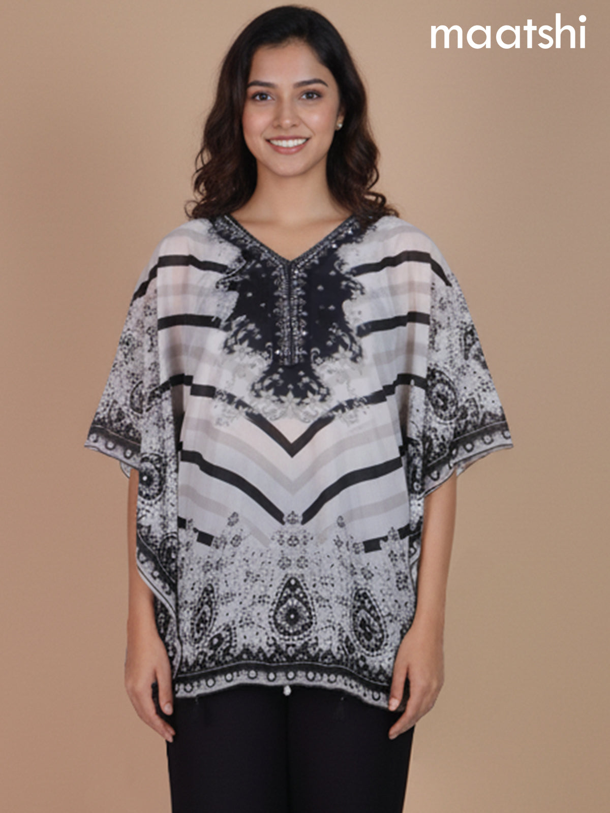 Off White and Black Crepe Silk Printed Kaftan Dress