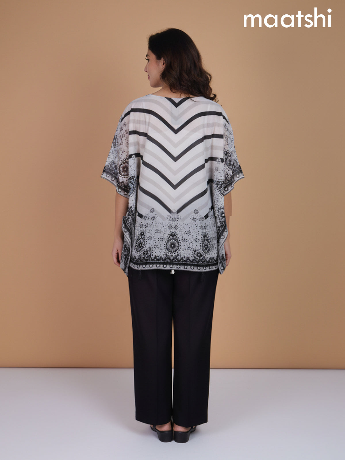 Off White and Black Crepe Silk Printed Kaftan Dress