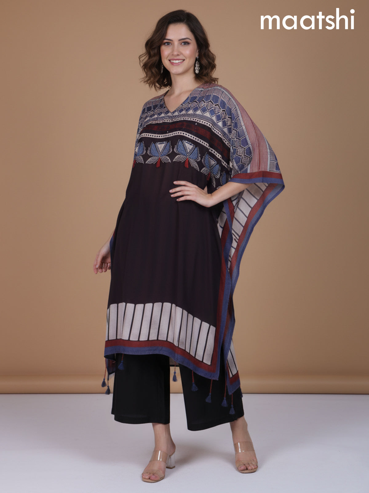 Black Muslin Ajrakh Printed Kaftan Dress