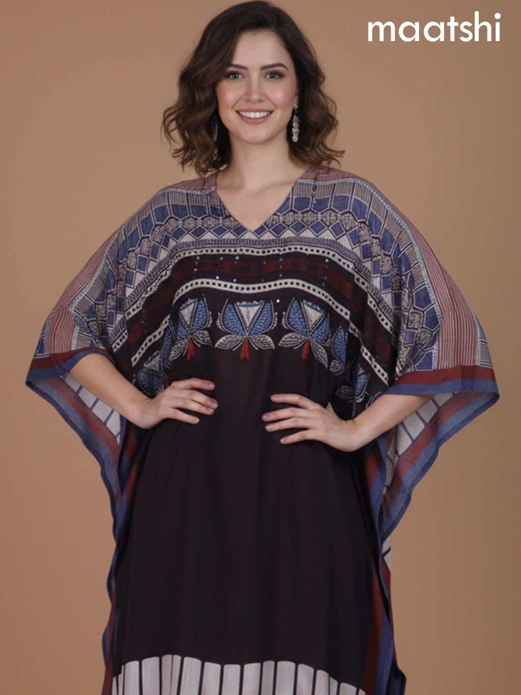 Black Muslin Ajrakh Printed Kaftan Dress