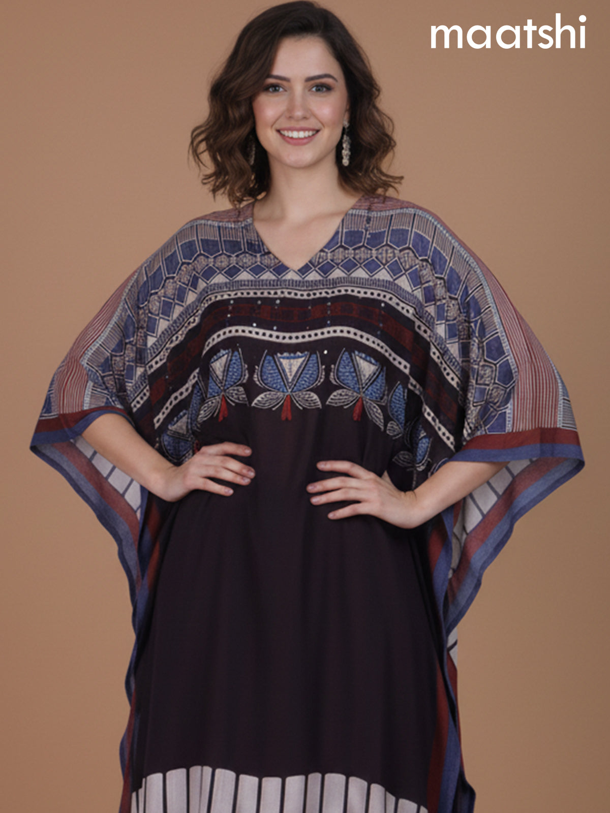 Black Muslin Ajrakh Printed Kaftan Dress
