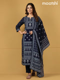 Navy Blue Crepe Silk Printed Straight Suit
