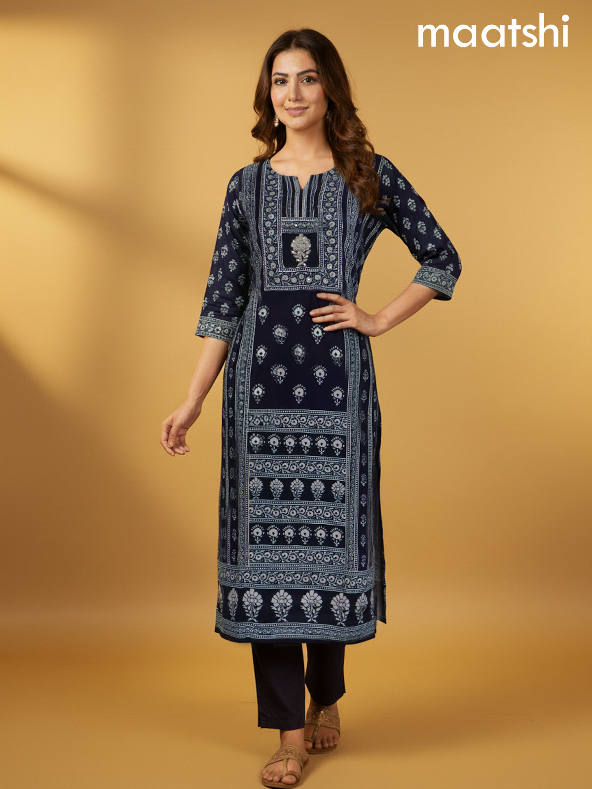 Navy Blue Crepe Silk Printed Straight Suit