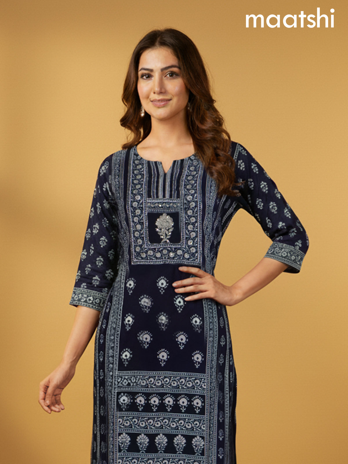 Navy Blue Crepe Silk Printed Straight Suit