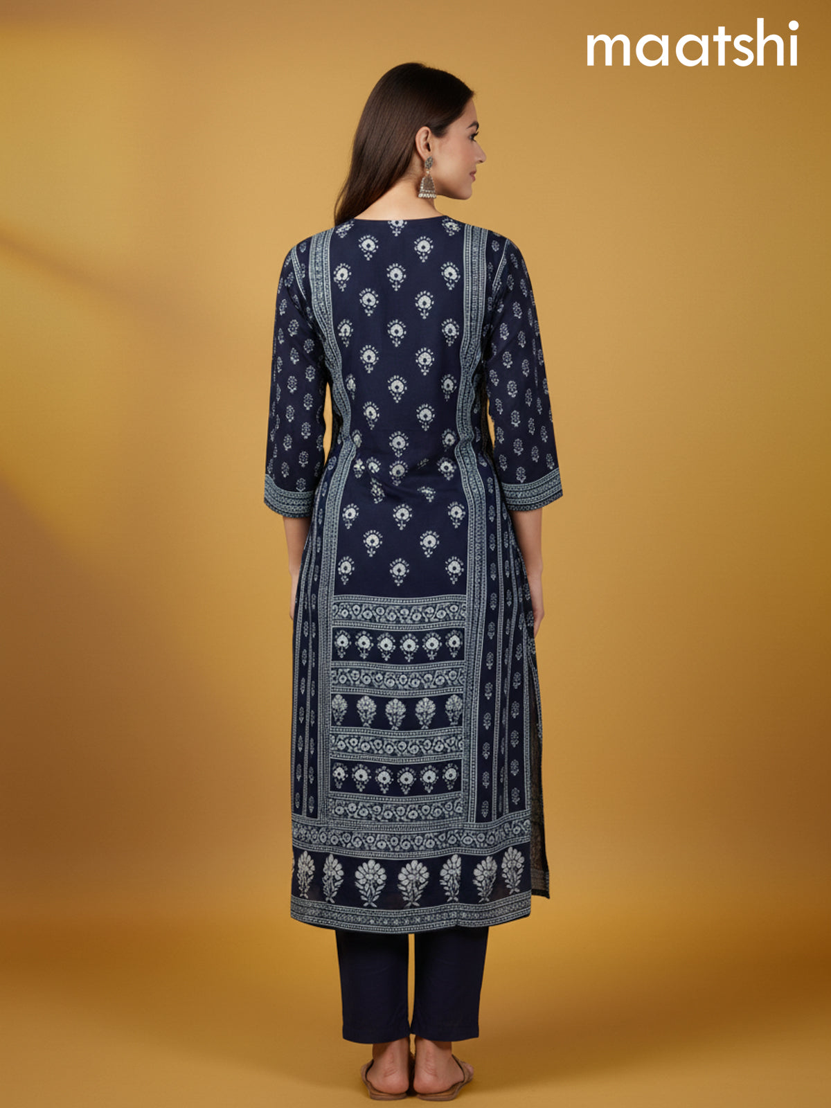 Navy Blue Crepe Silk Printed Straight Suit